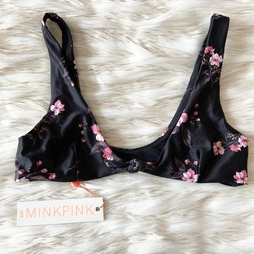 MinkPink Black Pink Floral Tie Sexy Bikini Top Sz L